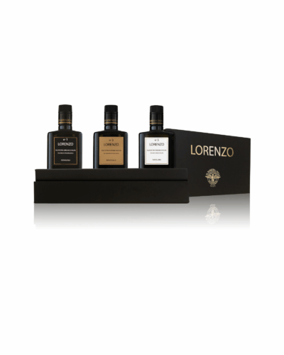 LORENZO TRIS GIFT BOX - 3 per 500 ml Olio Extravergine di Oliva D.O.P Valli Trapanesi + D.O.P. Val di Mazara + Denocciolato